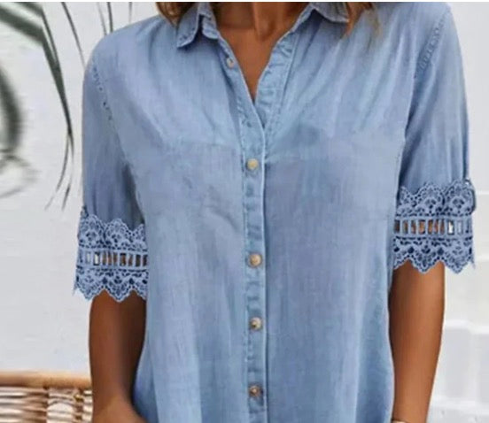 đRajoitettu aika 50% POISâłSininen tasainen kauluspaitainen pitsikoristelu Denim MIni Mekko
