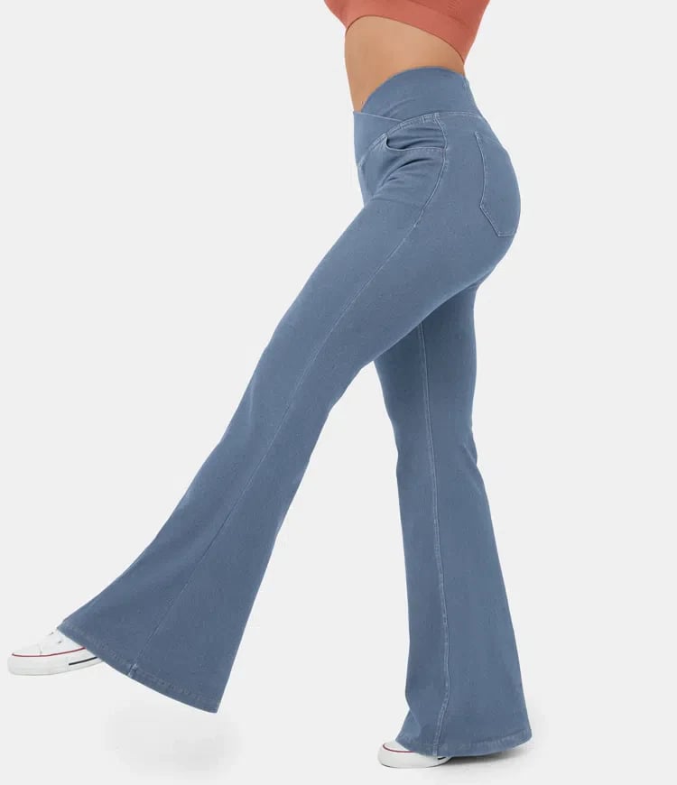 Joustava Denim Korkea Vyötärö Ristiin Menevä Flare Housut