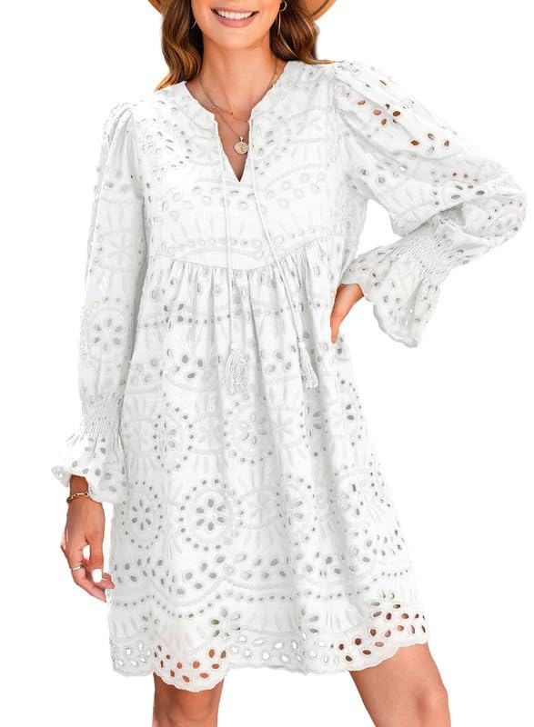 Broderie Anglaise -mekko juhliin A-linjaisella leikkauksella, V-kaula-aukolla ja röyhelöillä
