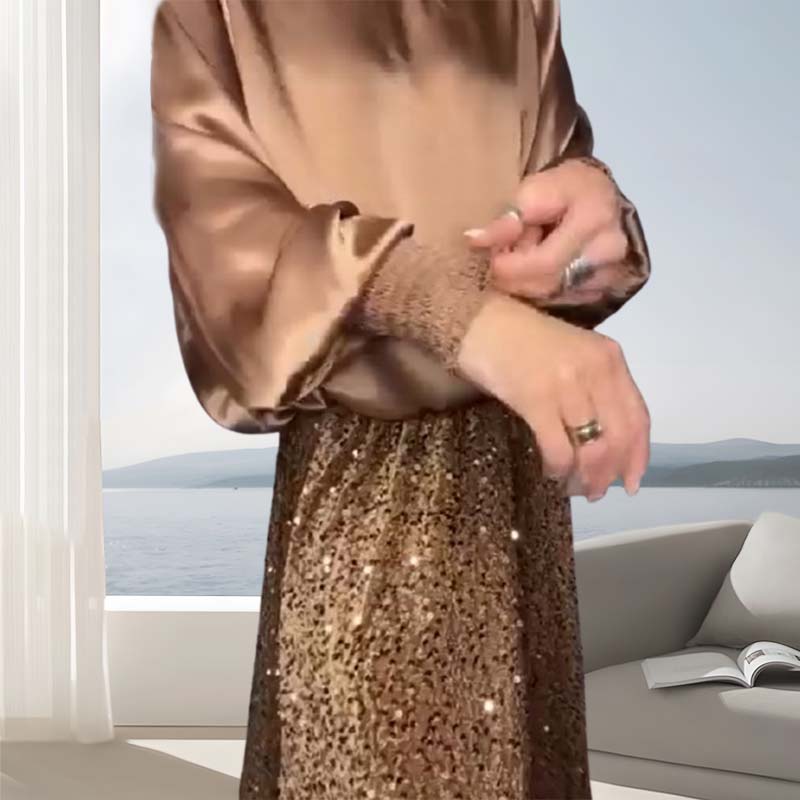 🎀Naisten Pitkähihainen Toppi ja Paljetteja Maksihame Kaksiosainen Setti✨