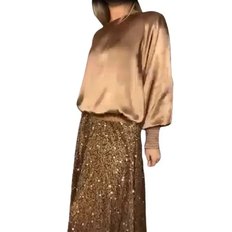 🎀Naisten Pitkähihainen Toppi ja Paljetteja Maksihame Kaksiosainen Setti✨