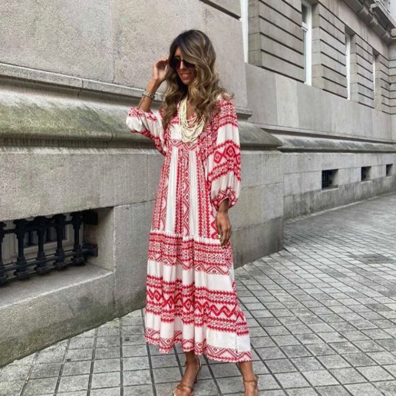 Naisten elegantti boho-mekko puhvihihoilla ja kukkaprintillä