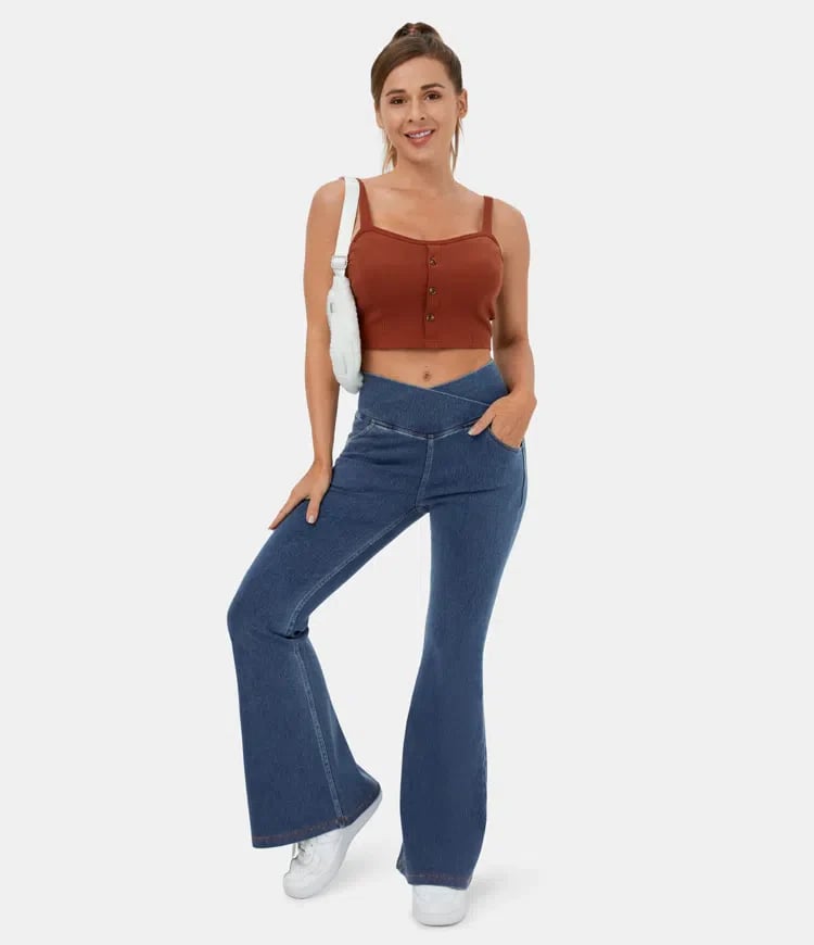 Joustava Denim Korkea Vyötärö Ristiin Menevä Flare Housut