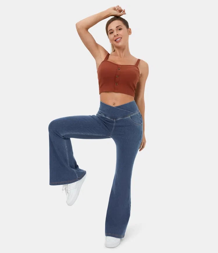 Joustava Denim Korkea Vyötärö Ristiin Menevä Flare Housut