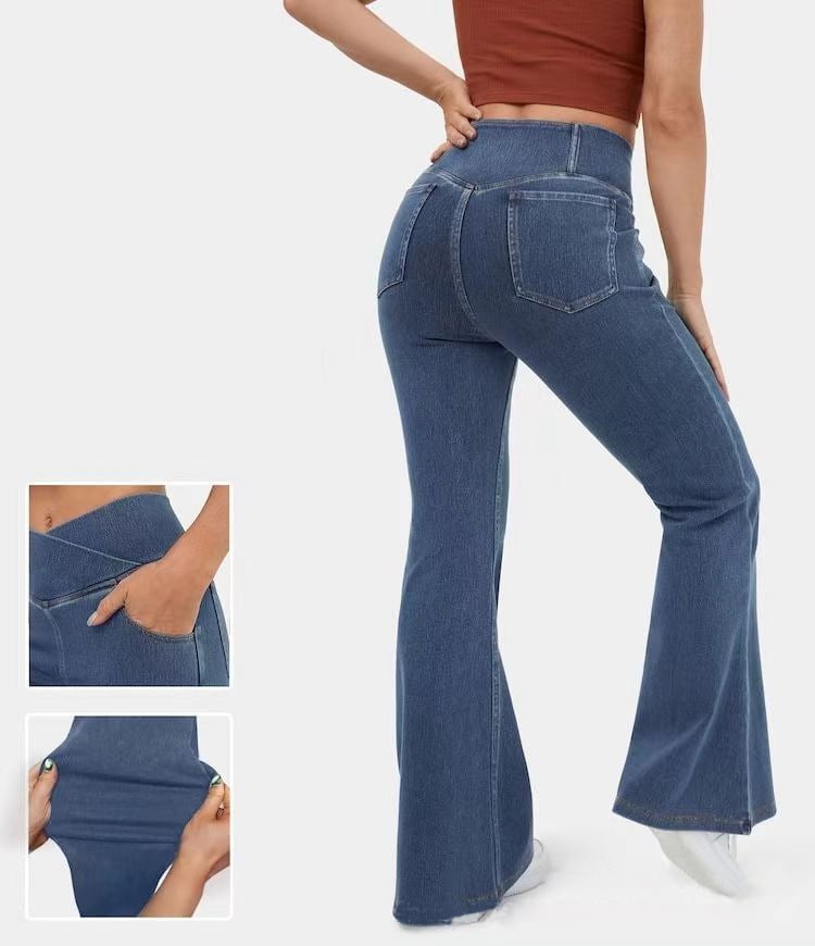 Joustava Denim Korkea Vyötärö Ristiin Menevä Flare Housut