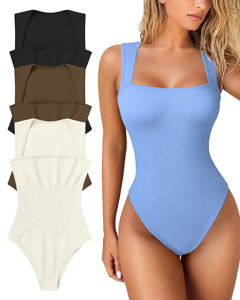 Seksikäs ribbed strappy neliön kaula hihaton vatsa valvonta Tank Topit Bodysuits🩱🩱