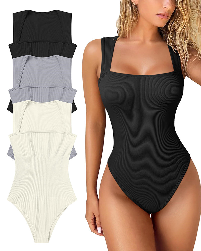 Seksikäs ribbed strappy neliön kaula hihaton vatsa valvonta Tank Topit Bodysuits🩱🩱