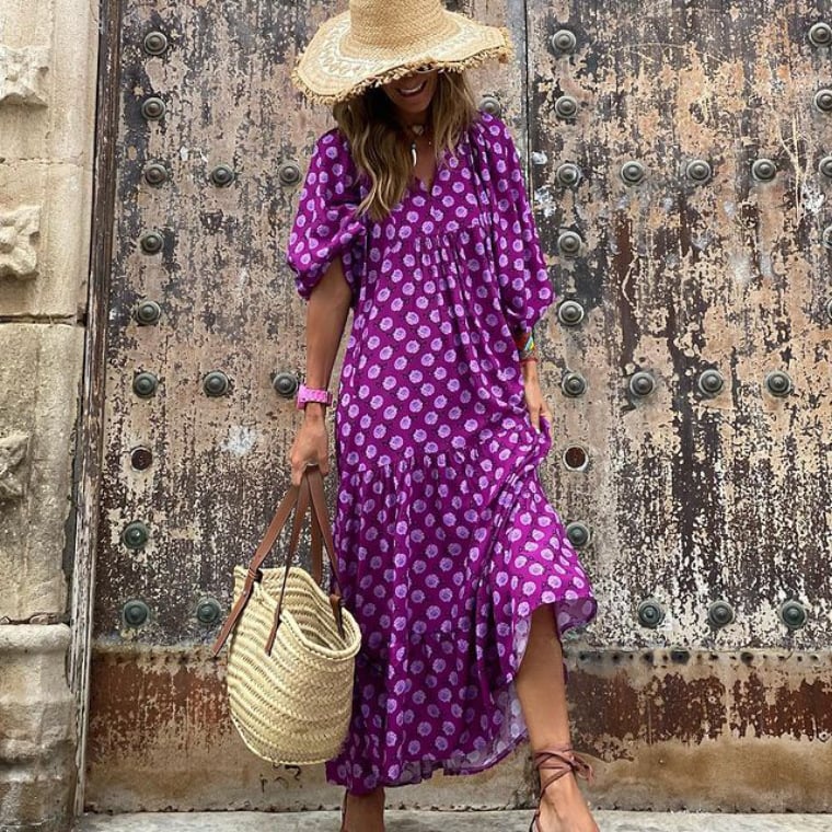 Naisten elegantti boho-mekko puhvihihoilla ja kukkaprintillä