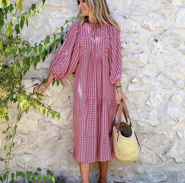 Naisten elegantti boho-mekko puhvihihoilla ja kukkaprintillä
