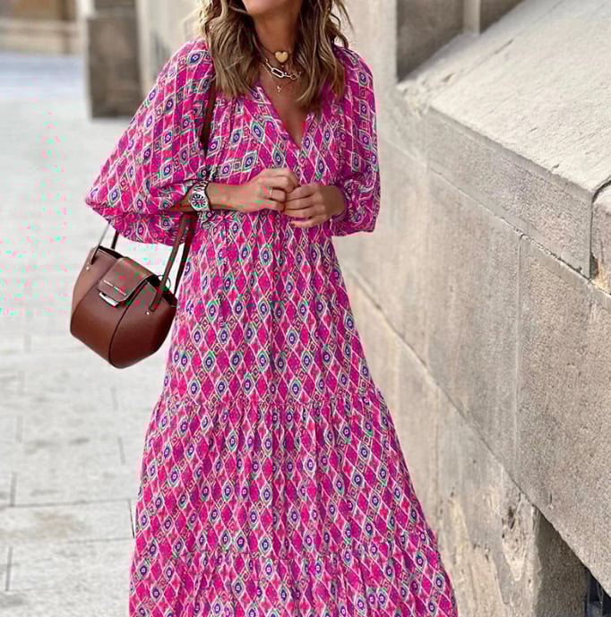 Naisten elegantti boho-mekko puhvihihoilla ja kukkaprintillä