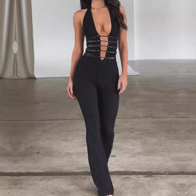 Seksikäs hihaton bodycon haalari pitsillä ja V-kaula-aukko naisille