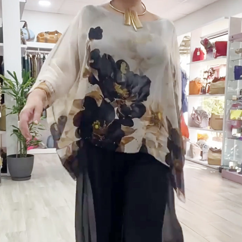 Naisten rento painettu toppi pyöreällä pääntie