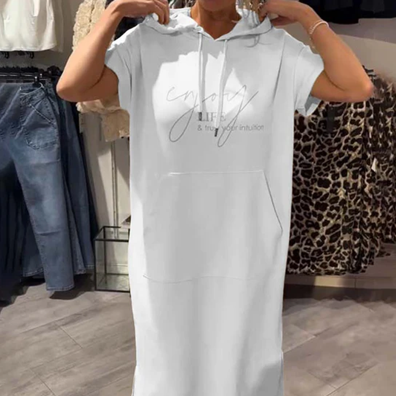 đ„Tehtaan myynti suoraanđ„Naisten yksivĂ€rinen huppu pitkĂ€ mekko lyhyillĂ€ hihoilla