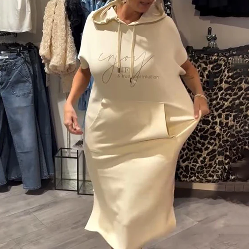 đ„Tehtaan myynti suoraanđ„Naisten yksivĂ€rinen huppu pitkĂ€ mekko lyhyillĂ€ hihoilla