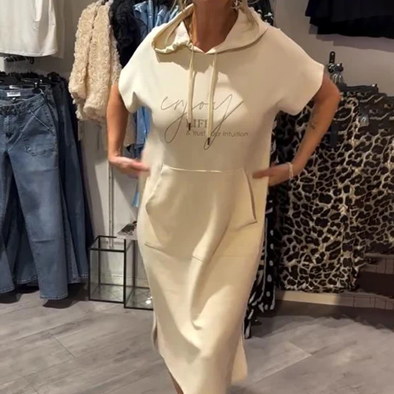 đ„Tehtaan myynti suoraanđ„Naisten yksivĂ€rinen huppu pitkĂ€ mekko lyhyillĂ€ hihoilla
