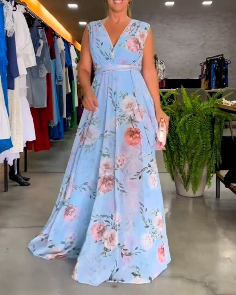 Elegantti kukkakuvioinen hihaton V-kaula-aukko mekko