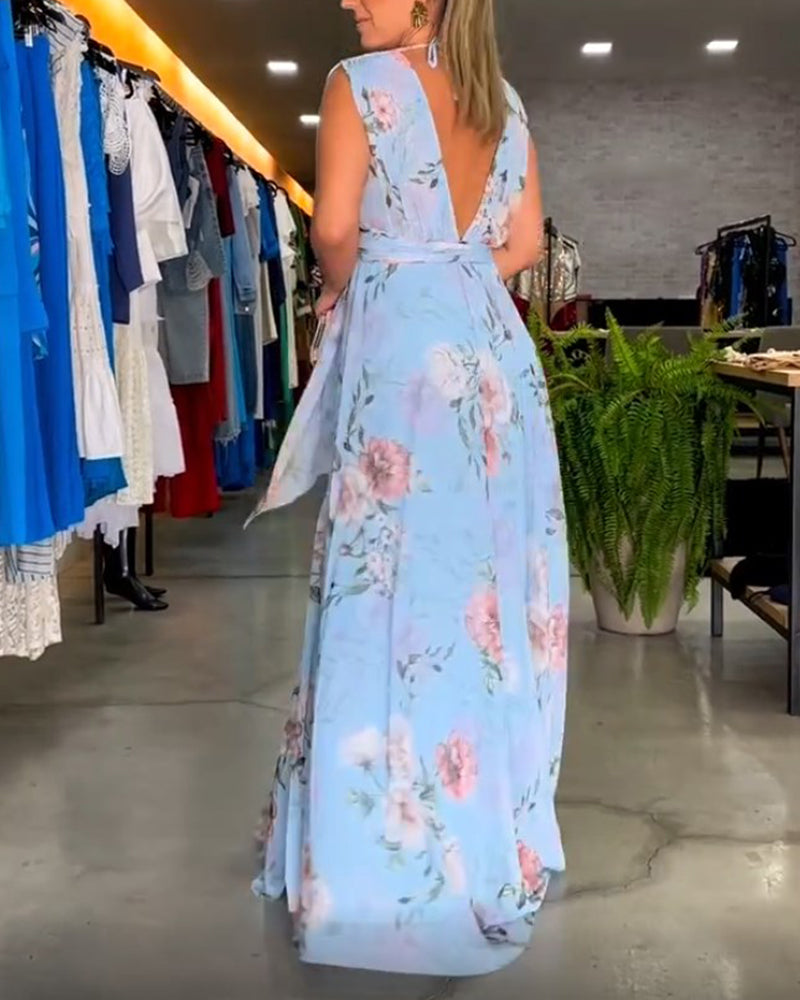 Elegantti kukkakuvioinen hihaton V-kaula-aukko mekko