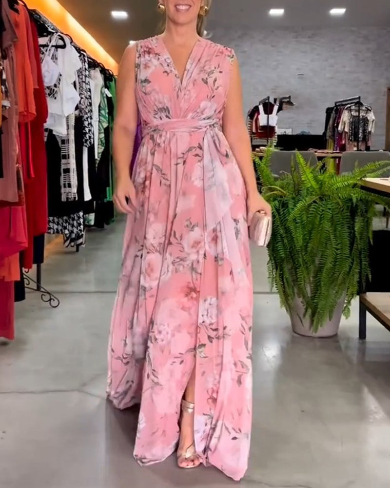 Elegantti kukkakuvioinen hihaton V-kaula-aukko mekko