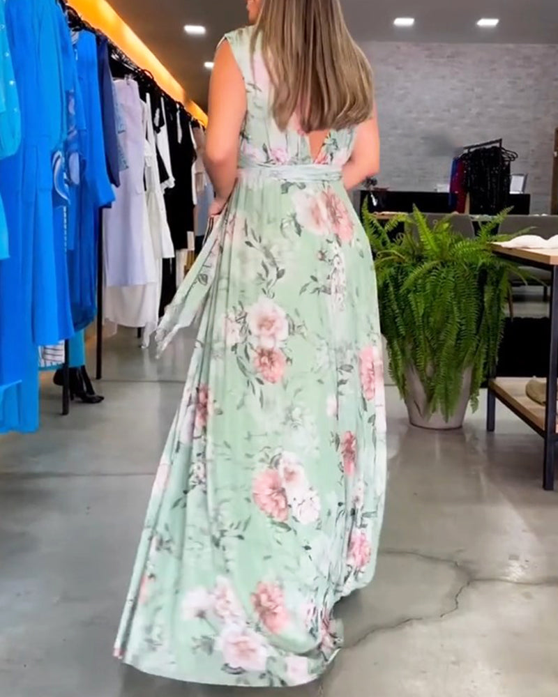 Elegantti kukkakuvioinen hihaton V-kaula-aukko mekko