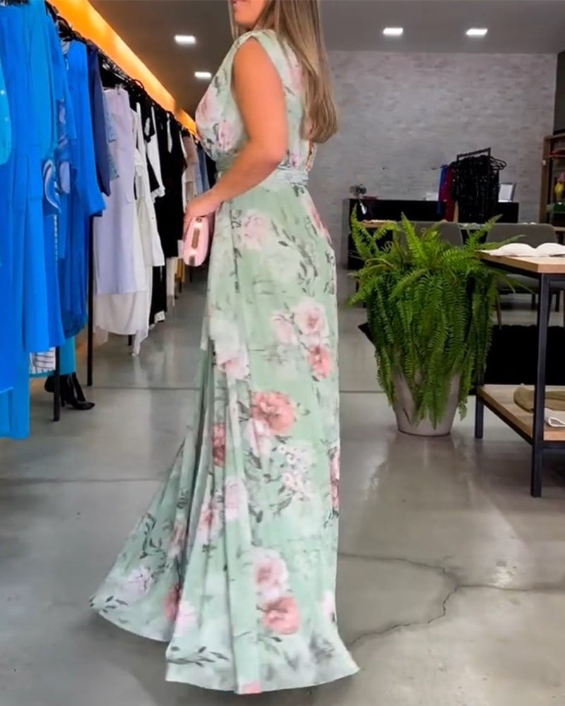 Elegantti kukkakuvioinen hihaton V-kaula-aukko mekko