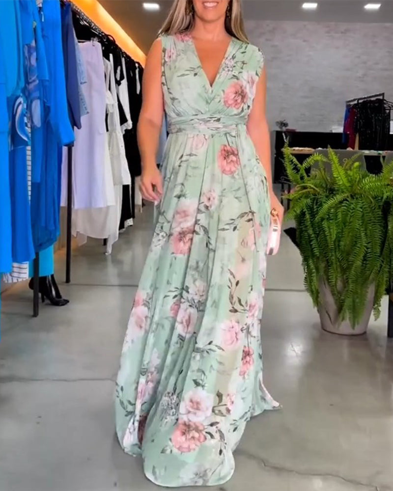 Elegantti kukkakuvioinen hihaton V-kaula-aukko mekko