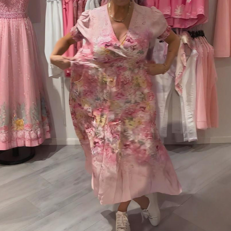 Naisten elegantti pitkä kukkakuosinen V-pääntiemekko