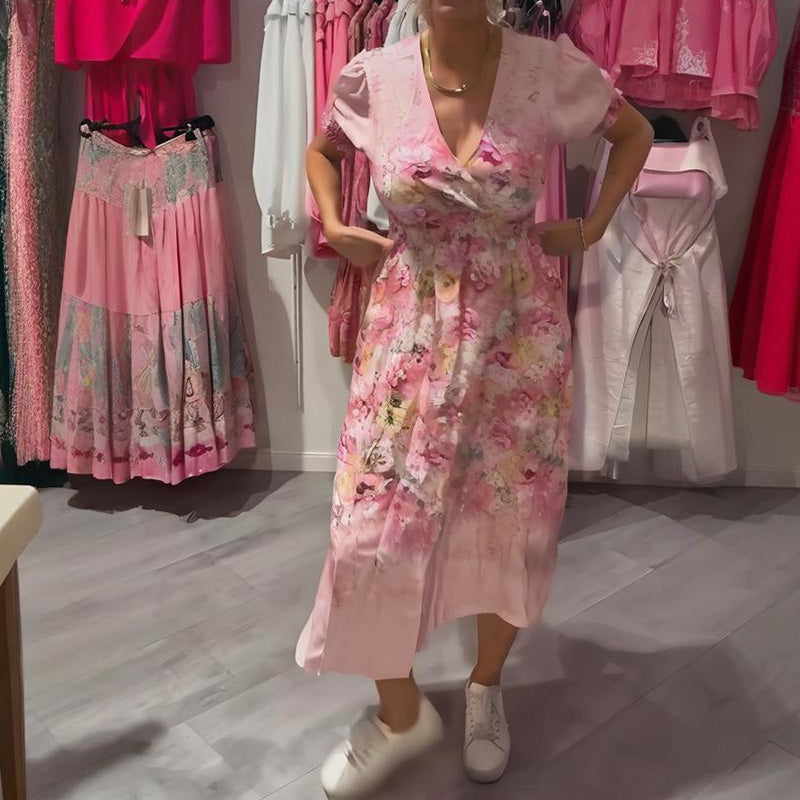 Naisten elegantti pitkä kukkakuosinen V-pääntiemekko