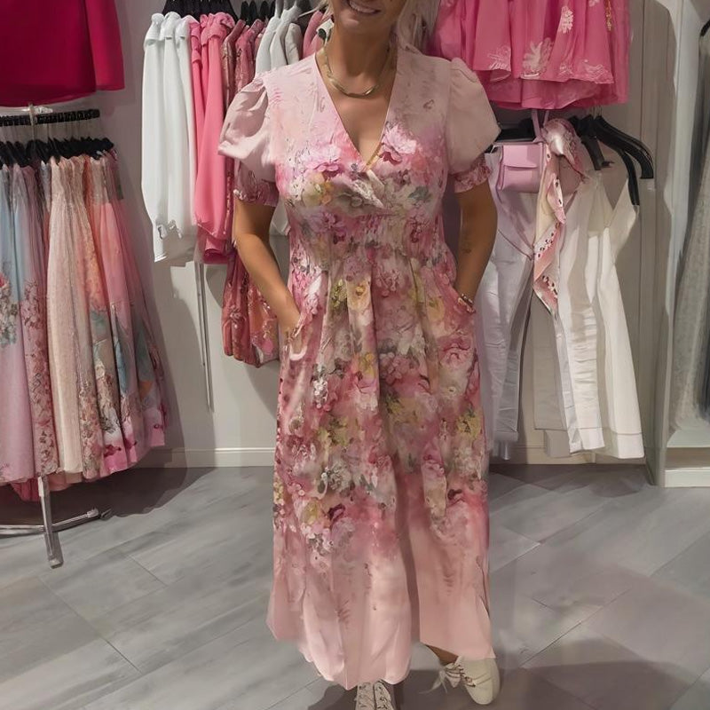 Naisten elegantti pitkä kukkakuosinen V-pääntiemekko