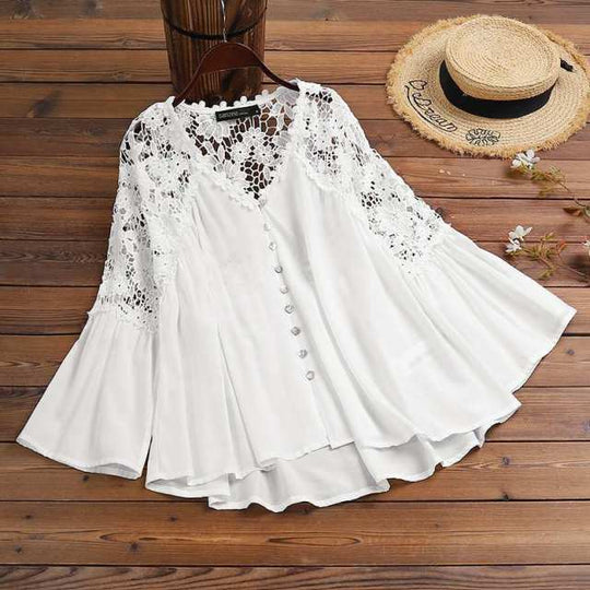 Boho Chic V-aukkoinen kukkakuvioinen pitsipusero