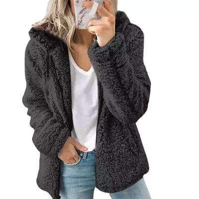 Naisten avoin edestä huppullinen fleece-takki, taskuilla