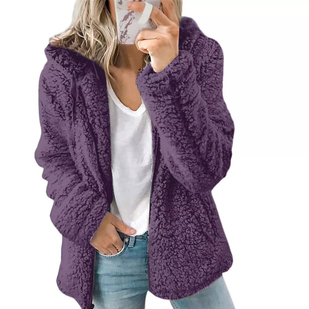 Naisten avoin edestä huppullinen fleece-takki, taskuilla