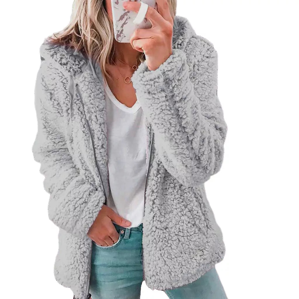 Naisten avoin edestä huppullinen fleece-takki, taskuilla