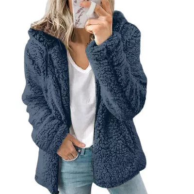 Naisten avoin edestä huppullinen fleece-takki, taskuilla