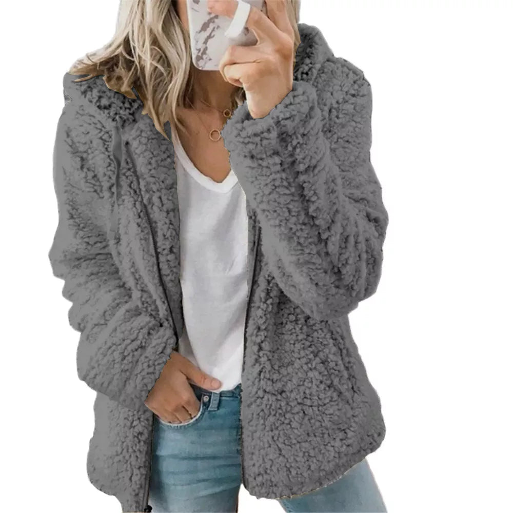 Naisten avoin edestä huppullinen fleece-takki, taskuilla