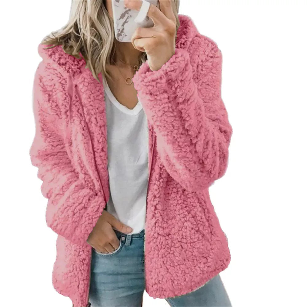 Naisten avoin edestä huppullinen fleece-takki, taskuilla