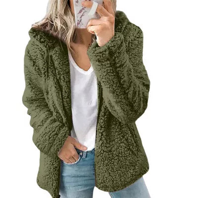 Naisten avoin edestä huppullinen fleece-takki, taskuilla