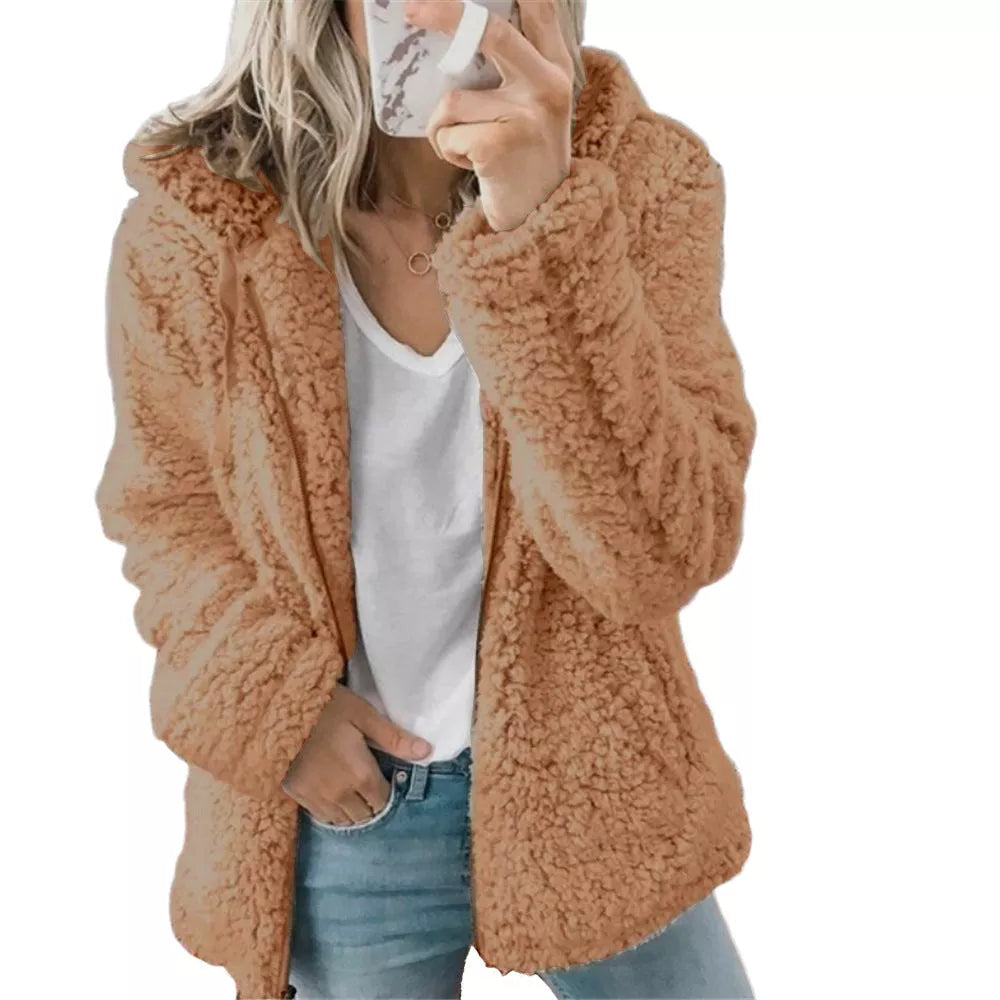 Naisten avoin edestä huppullinen fleece-takki, taskuilla