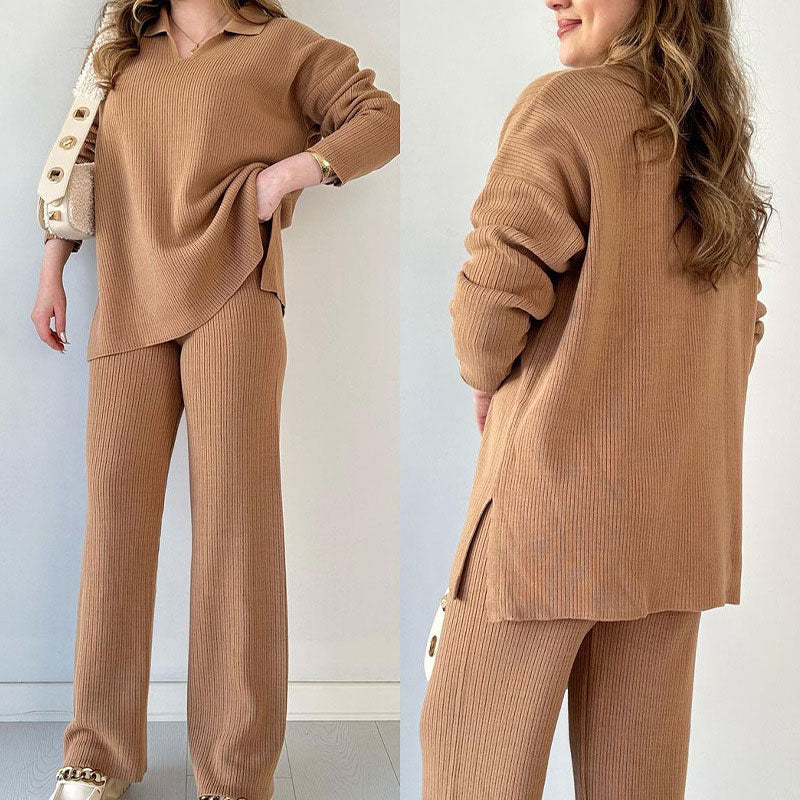Rento V-aukollinen Halkiollinen Neulottu Kaksiosainen Setti - Vaivaton Eleganssi Jokaiseen Tilaisuuteen