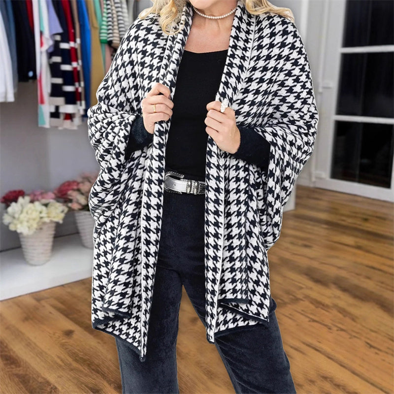 Avoin etupuoli Houndstooth-poncho naisille