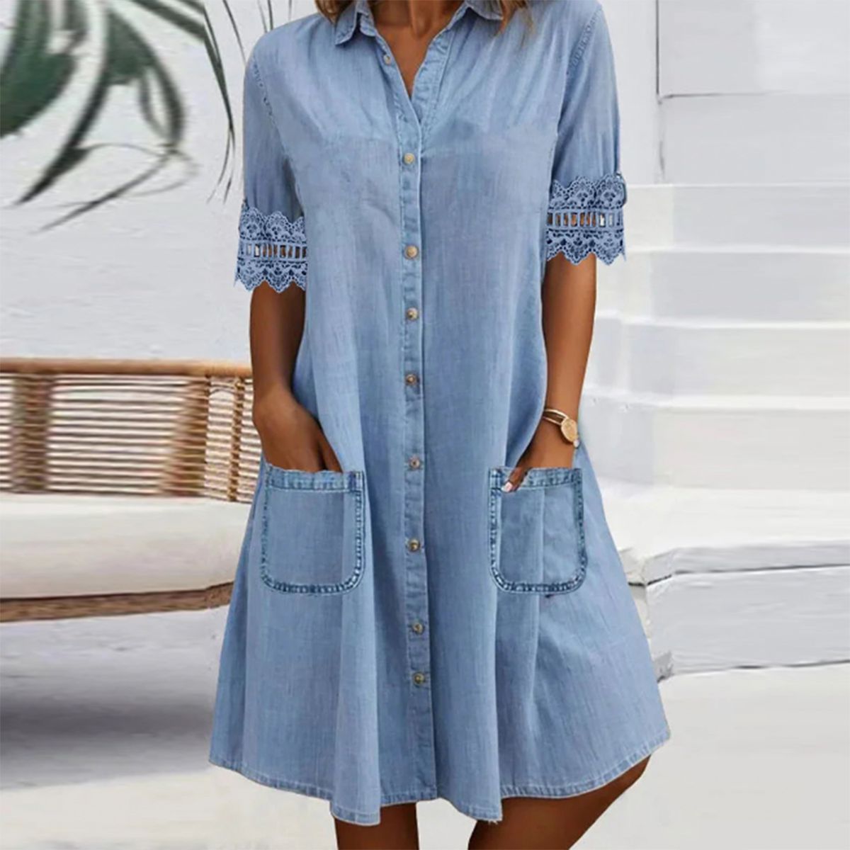 🎁Rajoitettu aika 50% POIS⏳Sininen tasainen kauluspaitainen pitsikoristelu Denim MIni Mekko