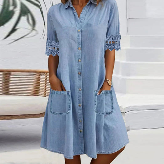 🎁Rajoitettu aika 50% POIS⏳Sininen tasainen kauluspaitainen pitsikoristelu Denim MIni Mekko