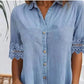 🎁Rajoitettu aika 50% POIS⏳Sininen tasainen kauluspaitainen pitsikoristelu Denim MIni Mekko