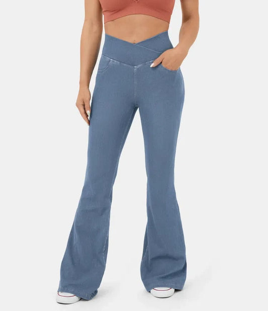 Joustava Denim Korkea Vyötärö Ristiin Menevä Flare Housut