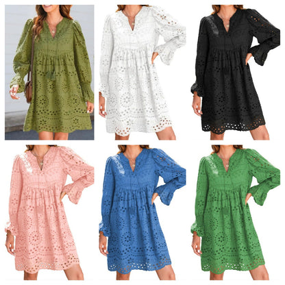 Broderie Anglaise -mekko juhliin A-linjaisella leikkauksella, V-kaula-aukolla ja röyhelöillä