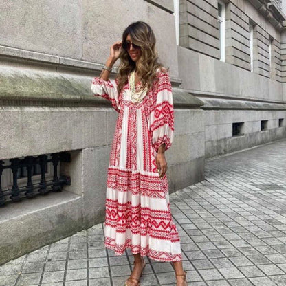 Naisten elegantti boho-mekko puhvihihoilla ja kukkaprintillä
