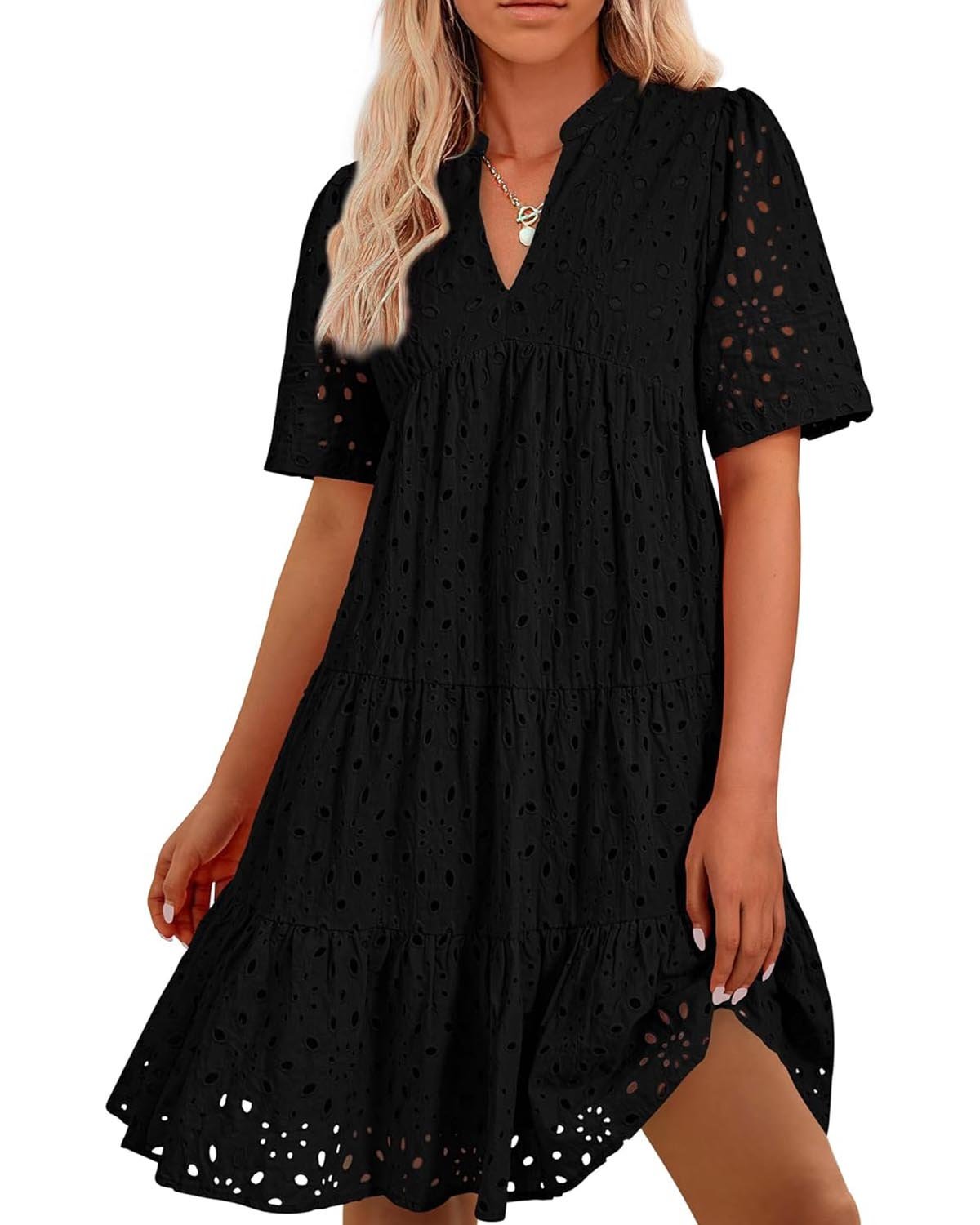 Naisten Elegantti, Kerrostettu Mini Mekko Broderie Anglaise -yksityiskohdilla