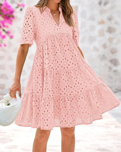 Naisten Elegantti, Kerrostettu Mini Mekko Broderie Anglaise -yksityiskohdilla