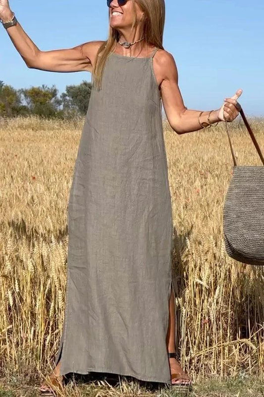 Naisten rento yksivärinen hihaton pellava halterneck-mekko