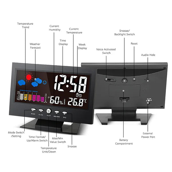 Digitaalinen LED Lämpötila Kosteusmonitori Sääennuste LED-pöydän herätyskello