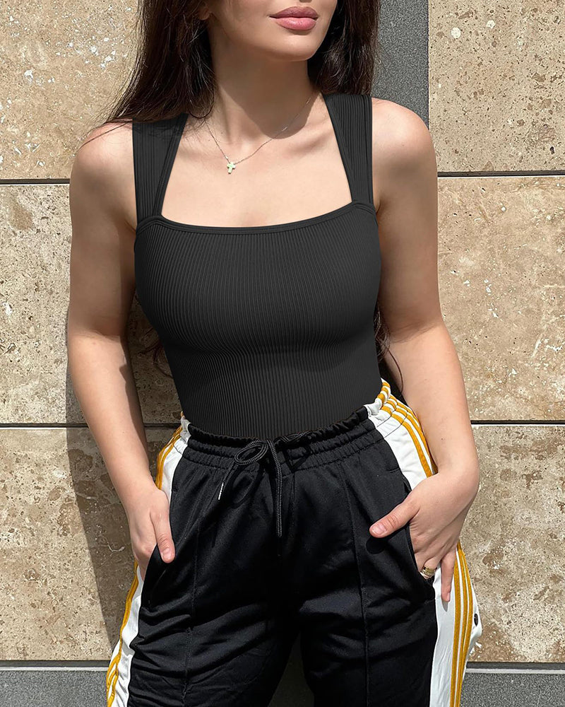 Seksikäs ribbed strappy neliön kaula hihaton vatsa valvonta Tank Topit Bodysuits🩱🩱
